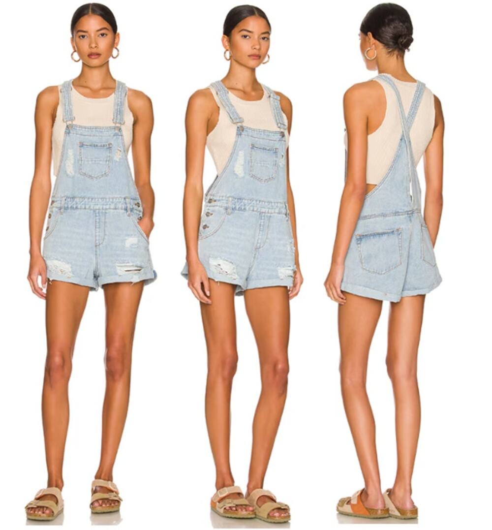 NWT superdown Meghan Adjustable Straps Distressed Short Overalls Blue Women's L